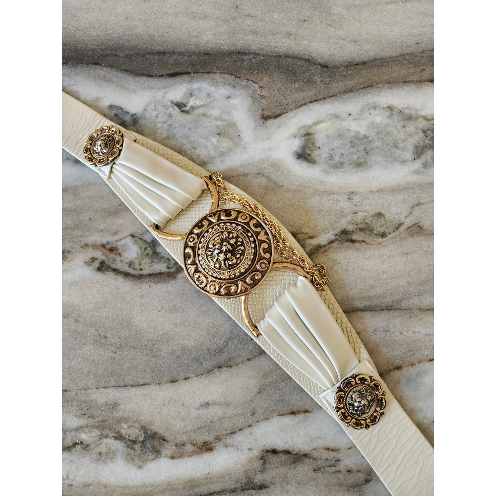Vintage Lion Head Statement Belt Cream Gold Chain Medusa Greek Key Ornate